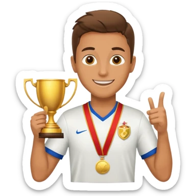 happy soccer player with a first-place medal and a trophy sticker