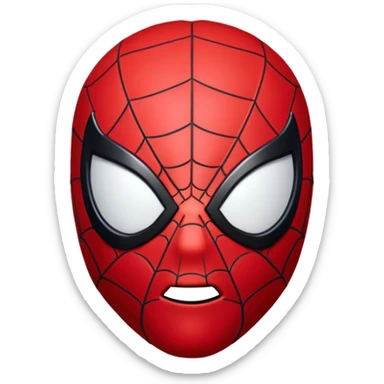 3D emoji of Spider-Man's face, with red mask, black webbing pattern, and large white eyes in glossy emoji style." sticker