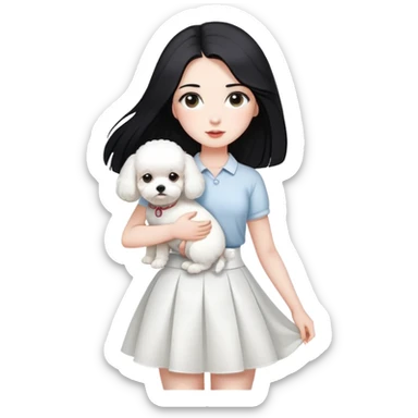 A beautiful girl with long straight black hair wearing a white skirt holding a small white Bichon Frise sticker