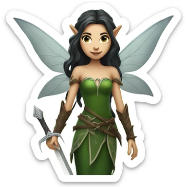 Female forest fairy, wings, pointed elf ears, long dark hair, light skin, vines, holding medieval sword sticker