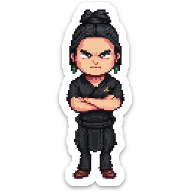 angry man with long black hair tied in a bun, arms crossed, dressed in black, pixel art 32bit style sticker