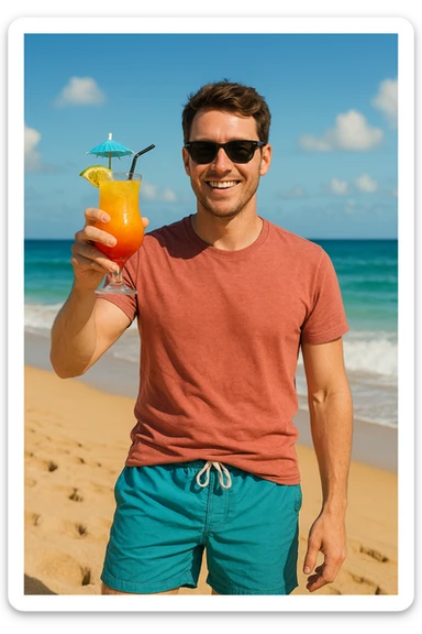 take this picture of a man and make it  beach photo with drink sticker