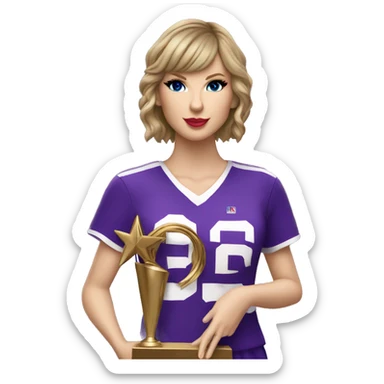 Taylor Swift wearing purple basketball uniform holding trophy with SWIFTYS name on uniform  sticker