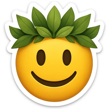 yellow face with green leaf crown emoji, digital illustration sticker