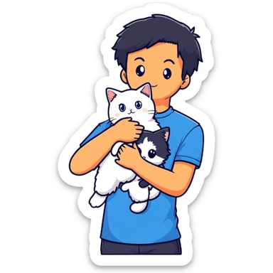 teenage boy with black hair wearing blue short sleeve shirt holding a white ragdoll cat sticker