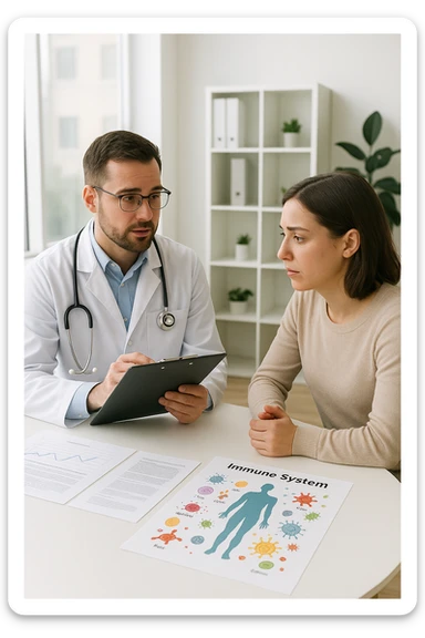 a doctor sits across from a patient in a bright, modern medical office. The doctor holds a clipboard and gently explains the diagnosis, while the patient listens with a concerned but attentive expression. On the desk, there are medical charts and a diagram of the immune system. The mood is empathetic and professional. sticker