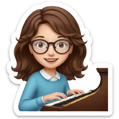 girl brown hair wavy. round glasses eye. playing piano sticker