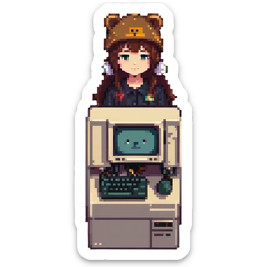 Lain Iwakura with signature bear hat, retro computer background, pixel art style sticker