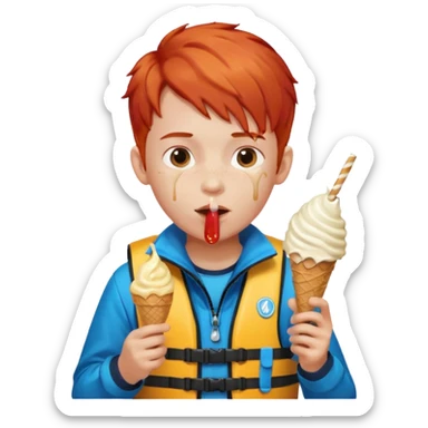 boy kid red haired wearing life jacket, eating ice cream sticker