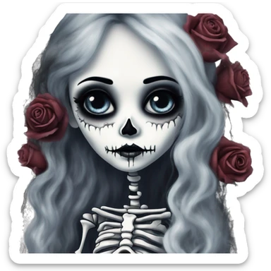 full height skeleton, tim burton "corpse bride", thin porcelain doll with a cracked face, goth makeup watery eyes, long hair, lace and ruffles, lolita style, inked, black and white, red roses, gothic castle with roses sticker