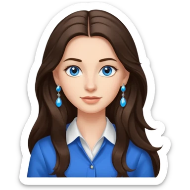 
Create an emoji of a brunette with blue eyes. She should have long hair, stylish clothing, and a friendly facial expression. Add some accessories like earrings or glasses to make the look more interesting. sticker