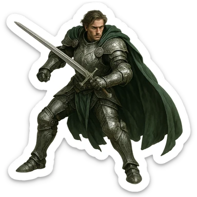 warrior in ornate silver armor, green cape, ready for battle sticker