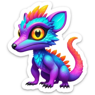 Tropical futuristic lush warm-colored neon Fakémon-Vernid-Trico-creature sticker
