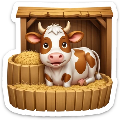 cute cow feeding scene inside a cow barn, wooden stable, hay bales, feeding trough, happy cow eating hay, warm farm lighting, 3D cartoon, mobile game icon style, clean background, no text, no watermark
 sticker