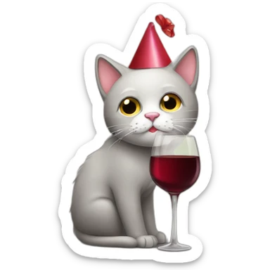 depressed tired kitty drinking wine and party hat on sticker