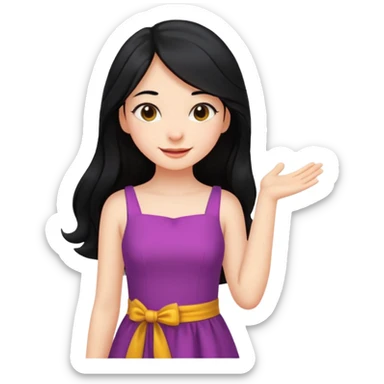 cewe rambut panjang hitam ceria keliatan setengah badan aja dan badannya kayak lagi nyender ke sesuatu di sebelahnya bajunya ceria dress sticker