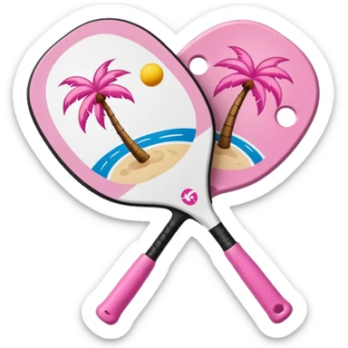 White Pickleball paddle with pink palm trees on it and a white pickleball sticker