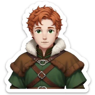 Medieval winter outfit worn by a DnD themed fantasy male character. Thick rustic brown wool tunic with arctic fox fur trim, adorned with hammered copper clasps and a heavy woven leather belt. Clothes only above the waist, full waist coverage. The character has no arms. Character is white-skinned with cinnamon colored hair, deep green eyes, and short curly hair dusted with winter frost. sticker