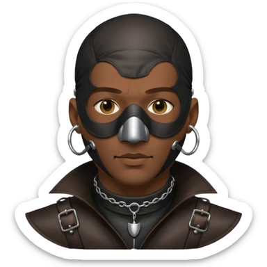 Dark guy wearing leather. Leather mask and heavy steel collar. Also bald wit a little stubble. Nose and ears pierced sticker