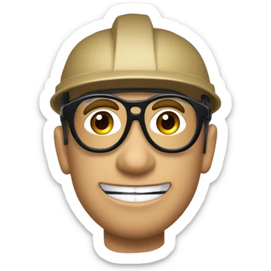 Quiero un emogi empresarial con un casco y lentes de seguridad con tapones auditivos, que dea color de piel claro, ojos marrones guapo sticker