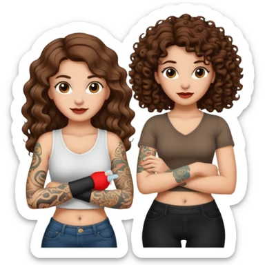 success scroll — long wavy brown hair tattooed woman and short tight curly brown hair woman — proud pose sticker