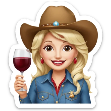 Dolly Parton with a huge glass of wine on a bachelorette trip and a cowboy hat sticker