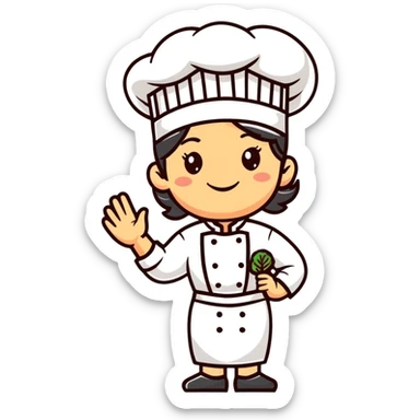 Italian woman chef in her 40's smiling wearing a chef uniform sticker