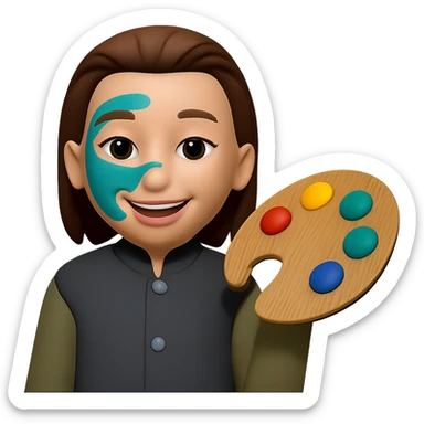 Edit the image to show her creating a color palette, with visible traces of the color #0D8484 on her face. Keep the same style as the original image. Make the background transparent. sticker