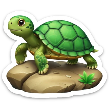 A 3D cartoon turtle climbing onto a rock near water, bright green shell, soft shading and smooth texture, cheerful and friendly expression. sticker
