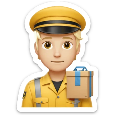 german delivery guy with yellow uniform and package with no hat sticker