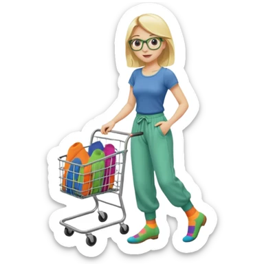 Fille blonde, pantalon d’Aladin vert. Lunettes ronde fine. Elle pousse un bac à roulette remplie de chaussettes  sticker