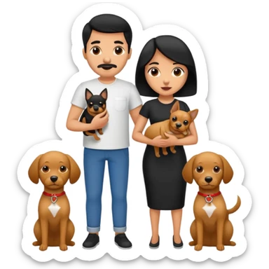 Pareja hombre y mujer, pelo negro ambos, y con dos perritos pincher en sus brazos sticker