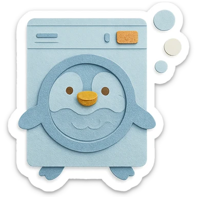 pastel blue penguin washing machine, spinning soap bubbles, happy face, full-body sticker