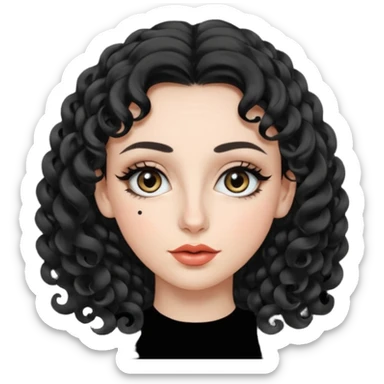 persona mujer con piel clara y rizos suaves color negro y largos  y sin volumen y con delineador en los ojos y con los labios medianos, ojos almendrados y nariz respringada y el fondo blanco sticker