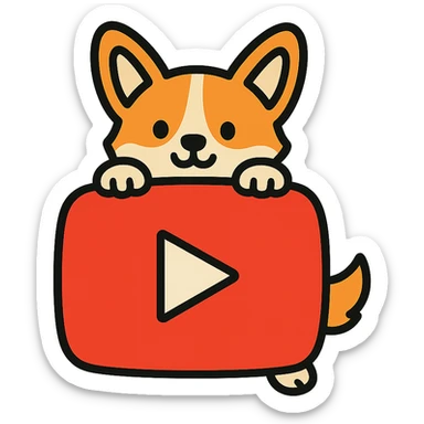 YouTube logo icon with a cute corgi's paws and tail peeking from behind the logo, or the corgi itself playfully interacting with the logo. Colorful, simple, no gradients, bold clear outlines, expressive shadows and highlights to create volume, matching the reference style. sticker