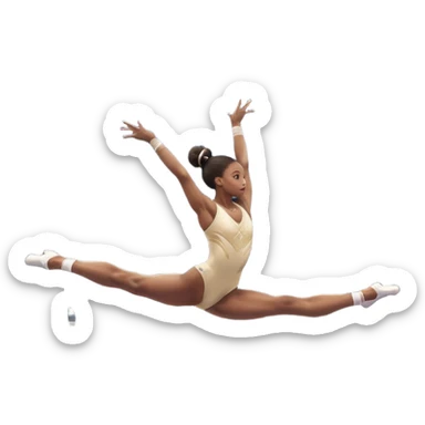 Professional gymnast performing a dynamic routine on parallel bars, captured mid-air in an elegant flip. The background features a well-lit gymnastics arena with a cheering audience. The athlete's posture and expression convey strength, control, and perfect coordination. sticker