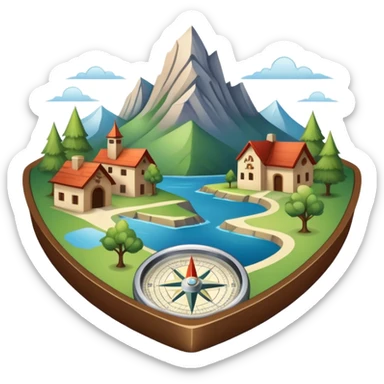An icon featuring a local map, a compass, and regional landmarks, symbolizing local studies. The design includes a tree, mountains, and buildings, representing the unique geography and culture of a specific area. Transparent background highlights the exploration of local history and environment. sticker