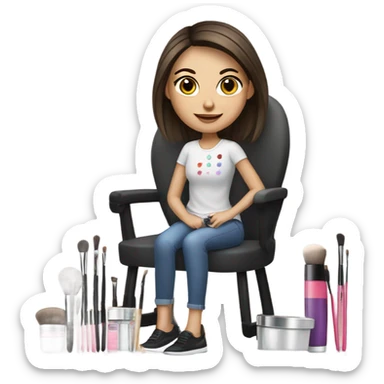 Makeup kit and brushes sitting in a chair a white brunette girl  sticker