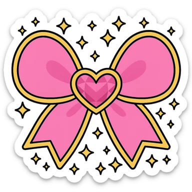 Add a shiny gold outline to the sparkly pink bow with a heart and stars, keep the background transparent. sticker