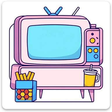 TV party with multiple characters, snacks, and decorations sticker