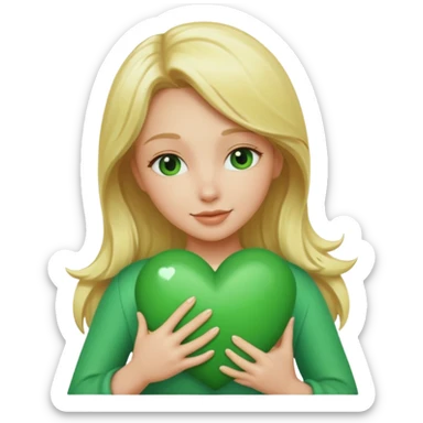 A hug emoji of a blonde women that hugs a green hearth sticker