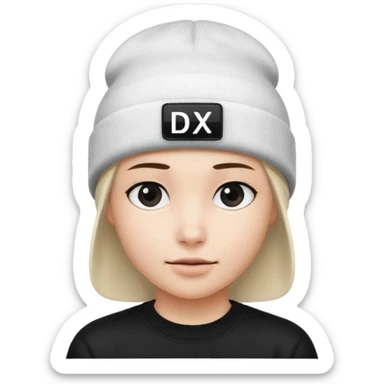 wearing a white beanie with an black square logo with the word "DX" written on it.

 sticker