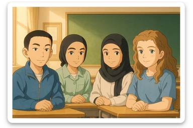 Illustration style Ghibli représentant quatre étudiants assis en classe, inspirés des quatre visages fournis, avec une ambiance chaleureuse et studieuse. Arrière-plan lumineux d'une salle de cours. sticker