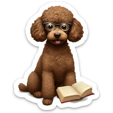 Brown poodle with wire rim glasses reading a book sticker