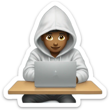 a boy in a hoodie working on  a computer sticker