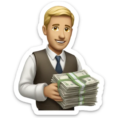 a rich newspaper seller with cash sticker