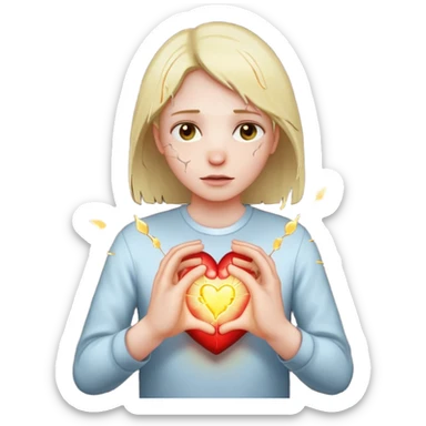 Heart cracking with light leaking out, hands trying to hold it together sticker