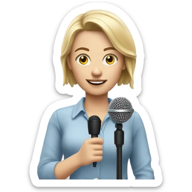 reporter with A white female reporter holds out a microphone to answermicrophone sticker