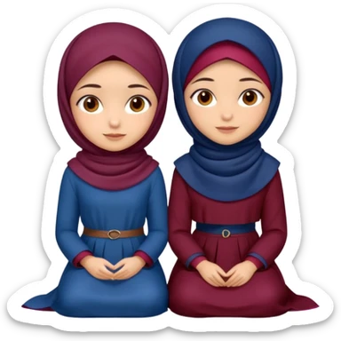 Turkish beautiful finish Konya two girls (friends) brown eyes and with dark blue and burgundy hijab islamic dress and sitting on grass  sticker