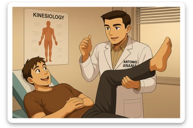 su questo lettino rappresenta un webtoon manga a colori con questo stile, in cui un uomo è steso sul lettino medico e il kinesiologo con il camice bianco (fagli anche la scritta "ANTONIO ANANIA" SUL CAMICE, gli solleva una gamba per fargli il test neuromuscolare, IL KINESIOLOGO SPIEGA ALL'UOMO UNA cosa mentre gli alza la gamba. l'espressione dell'uomo è felice e soddisfatta, non fare i fumetti però, fai solo in modo che sembri stiano parlando sticker